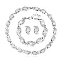 aleación de zinc Set de Boda, pulsera & pendiente & collar, con Perlas plásticas, con 2inch extender cadena, chapado en color de plata, para novia & ajustable & con diamantes de imitación, 17x32mm, longitud:aproximado 7 Inch, aproximado  15.5 Inch, Vendido por Set