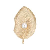 Zinc Alloy Brooch, with ABS Plastic Pearl, Leaf, gold color plated, Korean style & imitation pearl & for woman 
