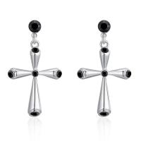 Zinc Alloy Rhinestone Drop Earring, stainless steel post pin, Cross, plated, for woman & with rhinestone lead & cadmium free 