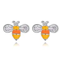 Enamel Zinc Alloy Stud Earring, Bee, real silver plated, for woman & with rhinestone lead & cadmium free 