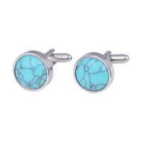 Brass Cufflinks, with turquoise, platinum color plated, Unisex, 16mm 