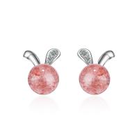 Brass Stud Earring, with Strawberry Quartz, platinum plated, for woman & with rhinestone, 10mm 