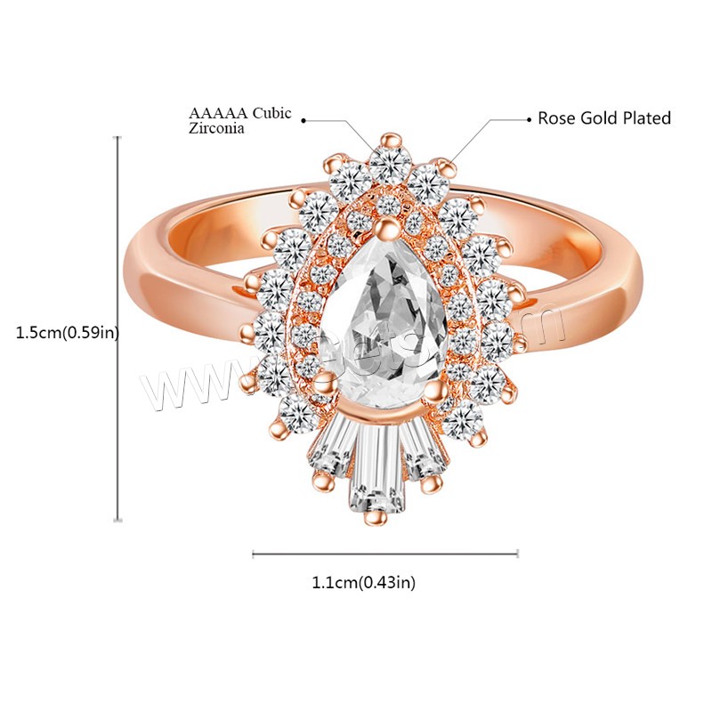 Cubic Zirconia Micro Pave Brass Finger Ring, rose gold color plated, different size for choice & micro pave cubic zirconia & for woman, 11x15mm, Sold By PC