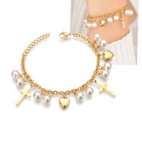 Stainless Steel Bracelet, with Plastic Pearl, Cross, gold color plated, charm bracelet & oval chain & for woman, 20mm, 10mm Approx 6.7 Inch 