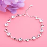 Sterling Silver Bracelets, 925 Sterling Silver, with 1.18inch extender chain, Heart, platinum plated, for woman & with rhinestone, 6mm Approx 6.7 Inch 