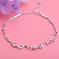 Sterling Silver Bracelets, 925 Sterling Silver, with 1.18inch extender chain, Dolphin, platinum plated, for woman & with rhinestone, 4mm Approx 6.7 Inch 