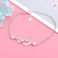 Sterling Silver Bracelets, 925 Sterling Silver, with 1.18inch extender chain, Heart, platinum plated, for woman & with rhinestone, 5mm Approx 6.7 Inch 
