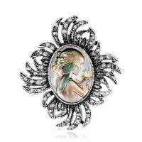 Zinc Alloy Brooch, with Abalone Shell, antique silver color plated, for woman & with rhinestone 