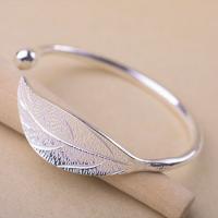 Brass Cuff Bangle, Leaf, silver color plated, for woman, Inner Approx 58mm 