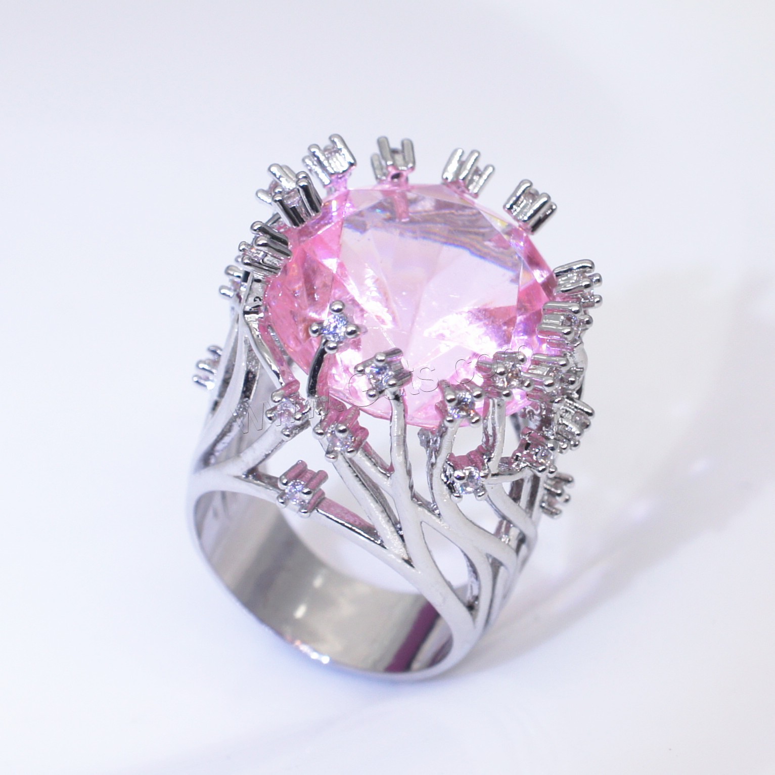 Brass Finger Ring, with Rose Quartz, platinum plated, different size for choice & for woman, Sold By PC