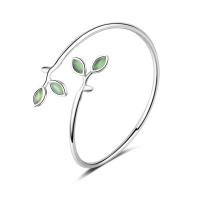 Brass Cuff Bangle, with Cats Eye, Leaf, platinum plated, for woman, 8mm, 18mm, Inner Approx 52mm 
