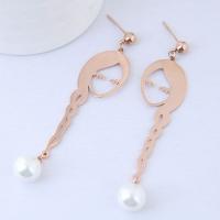Titanium Steel Drop Earring, Girl, rose gold color plated, for woman & with plastic pearl 