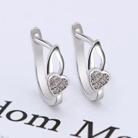 Brass Lever Back Earring, Heart, platinum plated, for woman & with rhinestone 