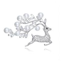 Brass Brooch, with Plastic Pearl, Deer, platinum plated, for woman & with rhinestone 
