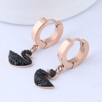 Titanium Steel Huggie Hoop Drop Earring, rose gold color plated, for woman & with rhinestone 