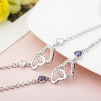 Sterling Silver Bracelets, 925 Sterling Silver, with 1.18inch extender chain, Heart, platinum plated, for woman & with rhinestone Approx 6.7 Inch 
