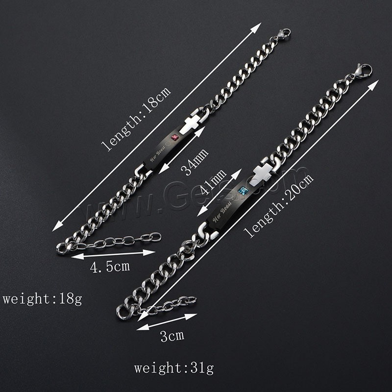 Stainless Steel Couple Bracelet, plated, different size for choice & oval chain & with rhinestone, more colors for choice, Sold By Strand