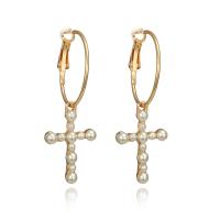 Zinc Alloy Huggie Hoop Drop Earring, with Plastic Pearl, Cross, gold color plated, for woman 