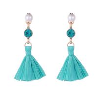 Zinc Alloy Tassel Earring, with ABS Plastic Pearl & Cloth, stainless steel post pin, gold color plated, folk style & for woman & with rhinestone lead & cadmium free 