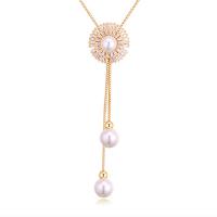 Brass Sweater Chain Necklace, with ABS Plastic Pearl, plated, box chain & micro pave cubic zirconia & for woman nickel, lead & cadmium free Approx 37.80 Inch 