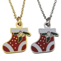 Stainless Steel Jewelry Necklace, with White Shell, with 2Inch extender chain, Christmas Boot, plated, oval chain & for woman & enamel & with rhinestone 1.5mm Approx 18 Inch 