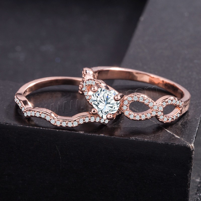 Brass Ring Set, rose gold color plated, different size for choice & for woman & with cubic zirconia, 2PCs/Set, Sold By Set