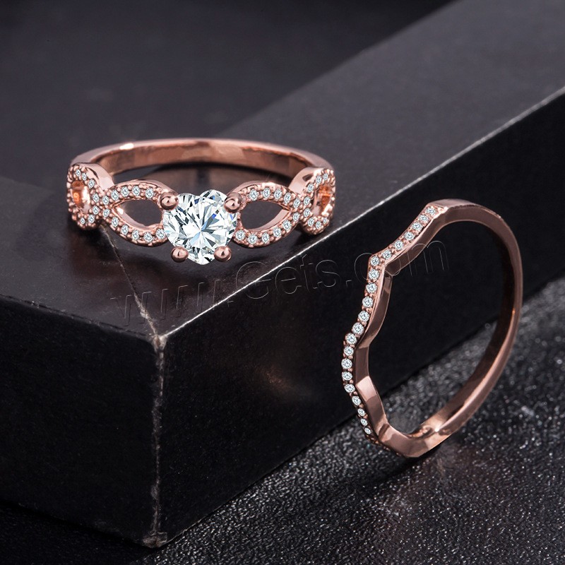 Ensemble d'anneau de laiton, Plaqué de couleur d'or rose, normes différentes pour le choix & pour femme & avec zircone cubique, 2PC/fixé, Vendu par fixé