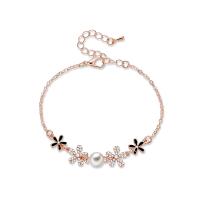Zinc Alloy Rhinestone Bracelets, with ABS Plastic Pearl, with 55mm extender chain, Flower, gold color plated, oval chain & for woman & with rhinestone, 8mm,11mm,9mm, Inner Approx 55mm Approx 6.5 Inch 