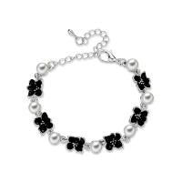 Zinc Alloy Rhinestone Bracelets, with ABS Plastic Pearl, with 55mm extender chain, Flower, silver color plated, oval chain & for woman & with rhinestone, 10mm,8mm, Inner Approx 45mm Approx 5.1 Inch 