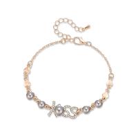 Zinc Alloy Rhinestone Bracelets, with ABS Plastic Pearl, with 55mm extender chain, gold color plated, oval chain & for woman & with rhinestone, 25mm,6mm, Inner Approx 55mm Approx 7 Inch 