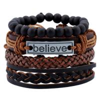 PU Leather Bracelet Set, with Linen & Wood & Zinc Alloy, antique silver color plated, Unisex & adjustable &  Approx 7 Inch 