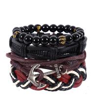 PU Leather Bracelet Set, with Glass Beads & Waxed Nylon Cord & Zinc Alloy, antique silver color plated, multilayer & Unisex & adjustable Approx 7 Inch 