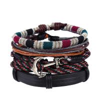 PU Leather Bracelet Set, with Linen & Polyester Cord & Zinc Alloy, Anchor, antique silver color plated, multilayer & Unisex & adjustable Approx 7 Inch, Approx  17 Inch 