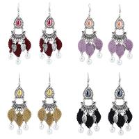 Zinc Alloy Tassel Earring, with ABS Plastic Pearl & Resin, Leaf, antique silver color plated, for woman & with rhinestone 
