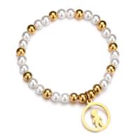 Stainless Steel Charm Bracelet, with Plastic Pearl, Boy, gold color plated, for woman, 6mm,17mm Approx 7.5 Inch 