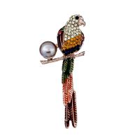 Zinc Alloy Brooch, with Plastic Pearl, Parrot, rose gold color plated, for woman & with rhinestone 