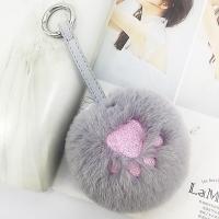 Zinc Alloy Key Chain, with PU Leather & Faux Rabbit Hair, Bear Paw, silver color plated, for woman, grey 