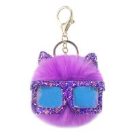 Zinc Alloy Key Chain, with Sequins & PU Leather & Faux Rabbit Hair, gold color plated, for woman, purple 