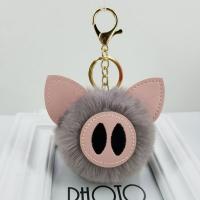 Fur Plush Key Chain, Zinc Alloy, with PU Leather & Faux Rabbit Hair, Pig, gold color plated, for woman 