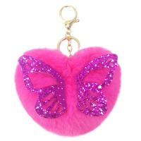 Fur Plush Key Chain, Zinc Alloy, with Sequins & Faux Rabbit Hair, Heart, gold color plated, for woman 