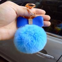 Fur Plush Key Chain, Zinc Alloy, with Leather & Rabbit Fur, Bowknot, gold color plated, for woman & with rhinestone 