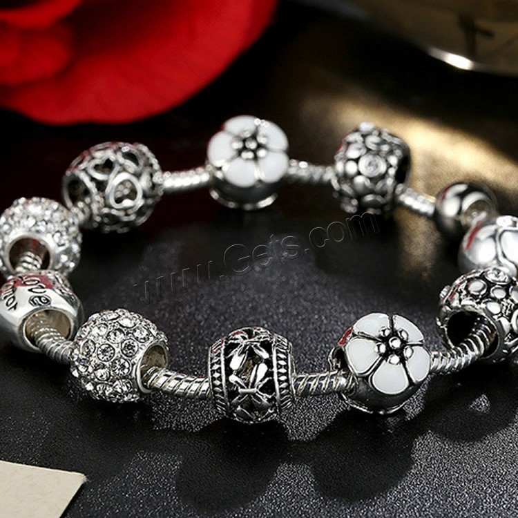 Zinc Alloy European Bracelets, with Brass, silver color plated, different length for choice & for woman & with rhinestone & blacken, more colors for choice, 3mm, Length:Approx 7-8.2 Inch, Sold By Strand