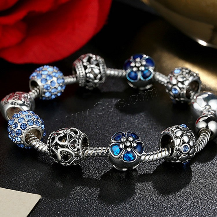 Zinc Alloy European Bracelets, with Brass, silver color plated, different length for choice & for woman & with rhinestone & blacken, more colors for choice, 3mm, Length:Approx 7-8.2 Inch, Sold By Strand