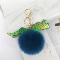 Fur Plush Key Chain, Zinc Alloy, with PU Leather & Faux Rabbit Hair, Dinosaur, gold color plated & for woman, green 