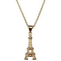 Collar de Acero Inoxidable, con 1.5Inch extender cadena, Torre Eiffel, chapado en color dorado, cadena oval & para mujer & con diamantes de imitación, 9x22mm, 2mm, longitud:aproximado 18 Inch, Vendido por Sarta