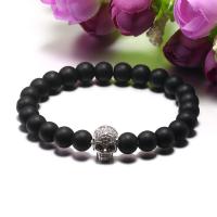 Black Agate Bracelets, with Elastic Thread & Brass, Skull, plated, elastic & Unisex & with rhinestone Approx 8 Inch 