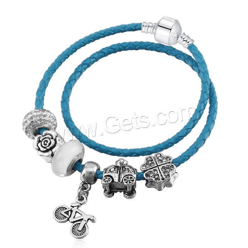 Zinc Alloy European Bracelets, with PU Leather Cord & Lampwork, antique silver color plated, Double Layer & different length for choice & for woman & with rhinestone, more colors for choice, Sold By Strand