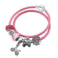 Zinc Alloy European Bracelets, with PU Leather Cord & Lampwork, antique silver color plated, Double Layer & for woman & with rhinestone 