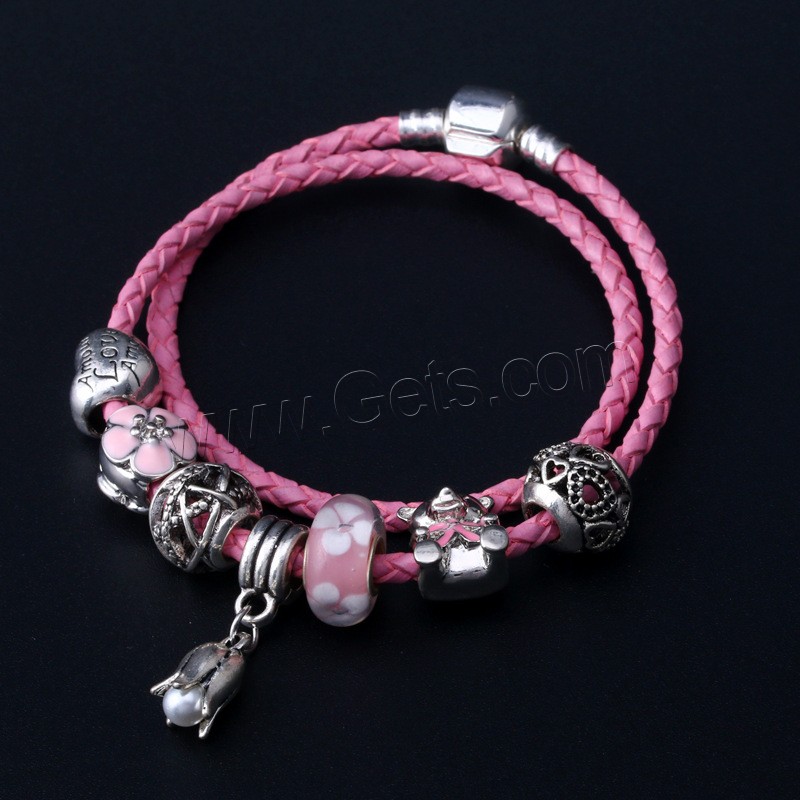 Zinc Alloy European Bracelets, with PU Leather Cord & Lampwork, antique silver color plated, Double Layer & different length for choice & for woman & enamel, more colors for choice, Sold By Strand