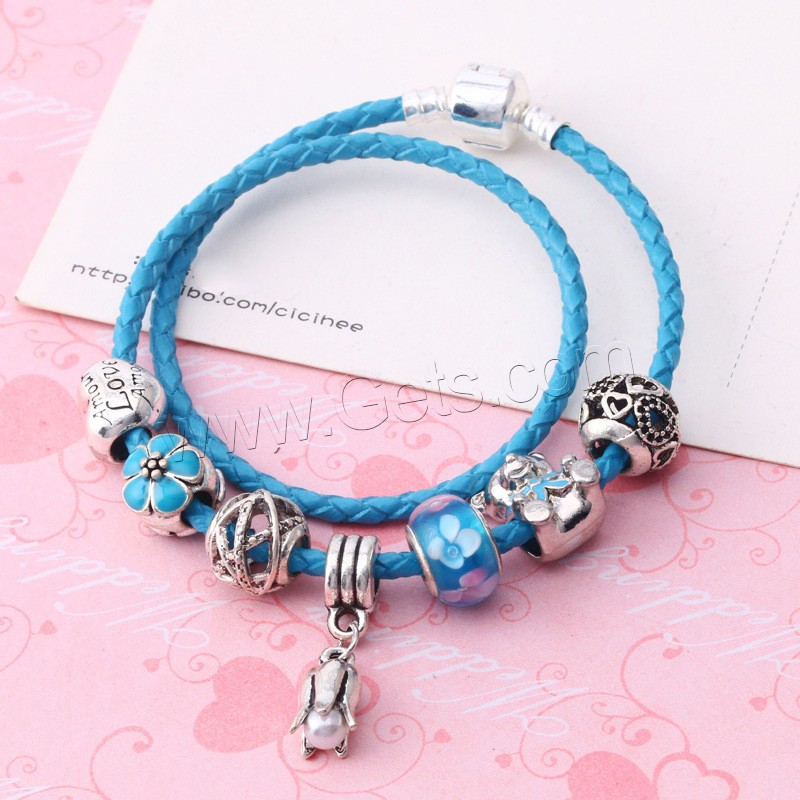 Zinc Alloy European Bracelets, with PU Leather Cord & Lampwork, antique silver color plated, Double Layer & different length for choice & for woman & enamel, more colors for choice, Sold By Strand